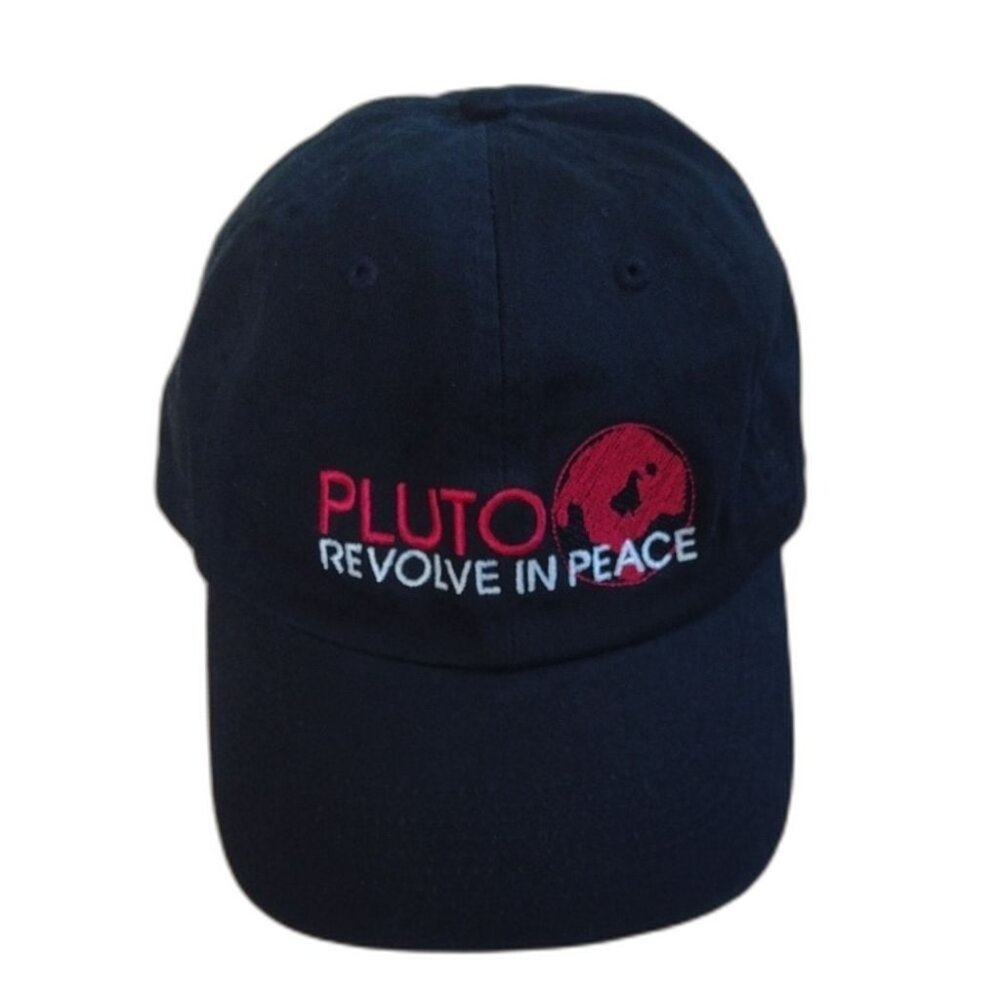 Perrin Black Baseball Cap with Red Embroidered Words Pluto Revolve in Peace